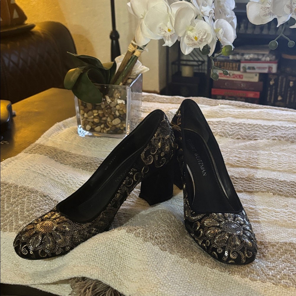Stuart Weitzman Black and Gold Embellished Heels
